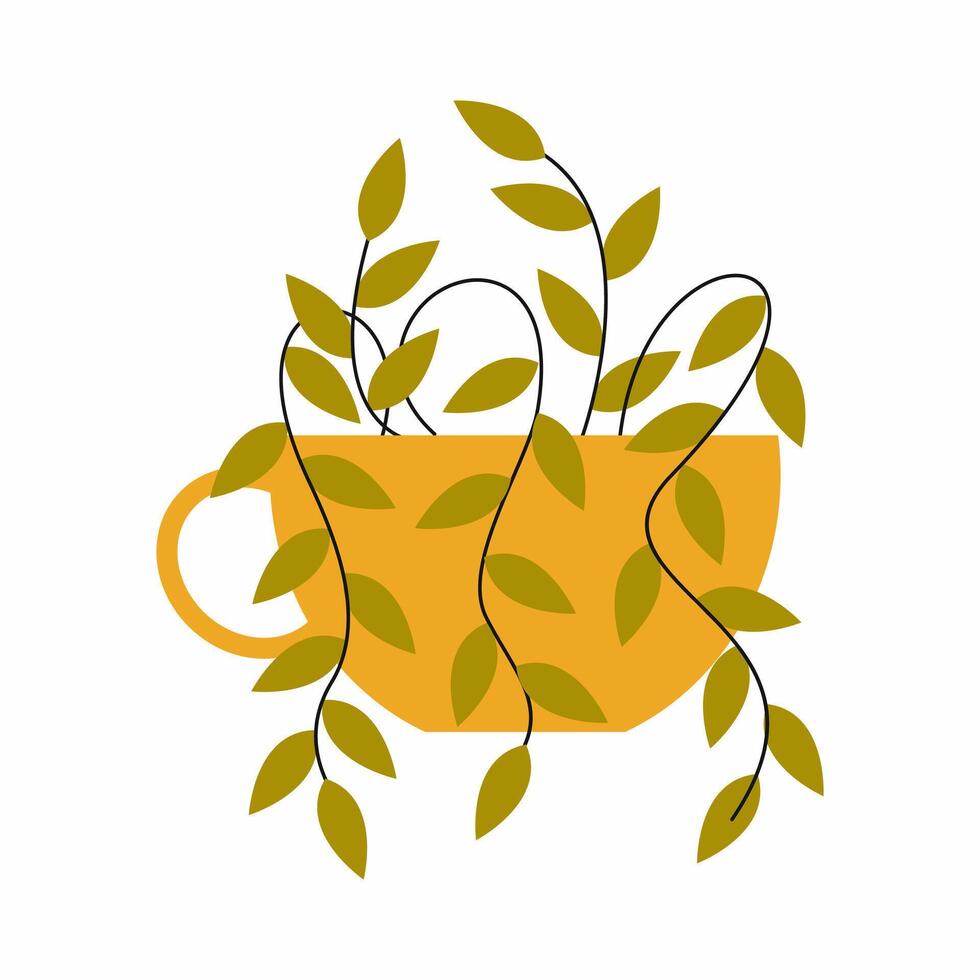 Yellow vase with sprig of houseplant on white background. Illustration of ceramics. element of interior of house. vector
