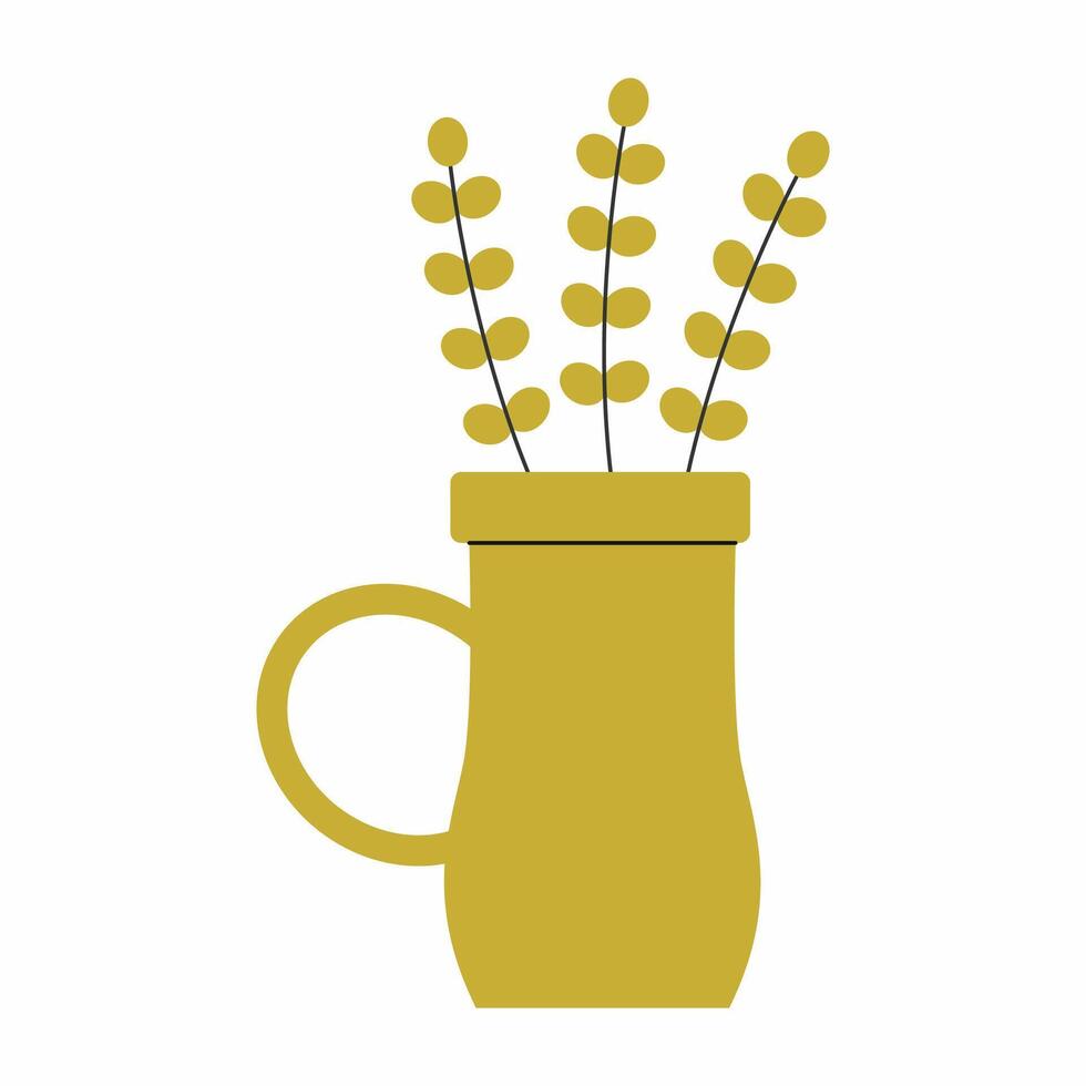 Green vase with sprig of houseplant on white background. Illustration of ceramics. element of interior of house. vector