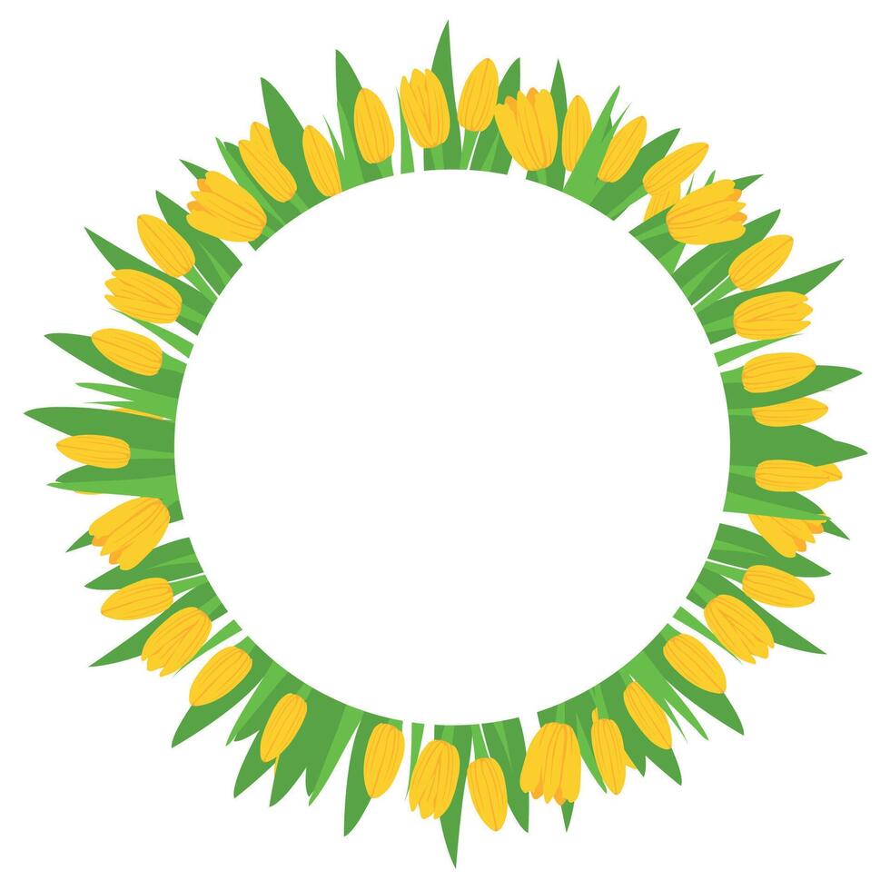 floral yellow tulips wreath and green leaves, forming a circular frame. Perfect for spring invitations, greeting cards, posters, and branding. vector