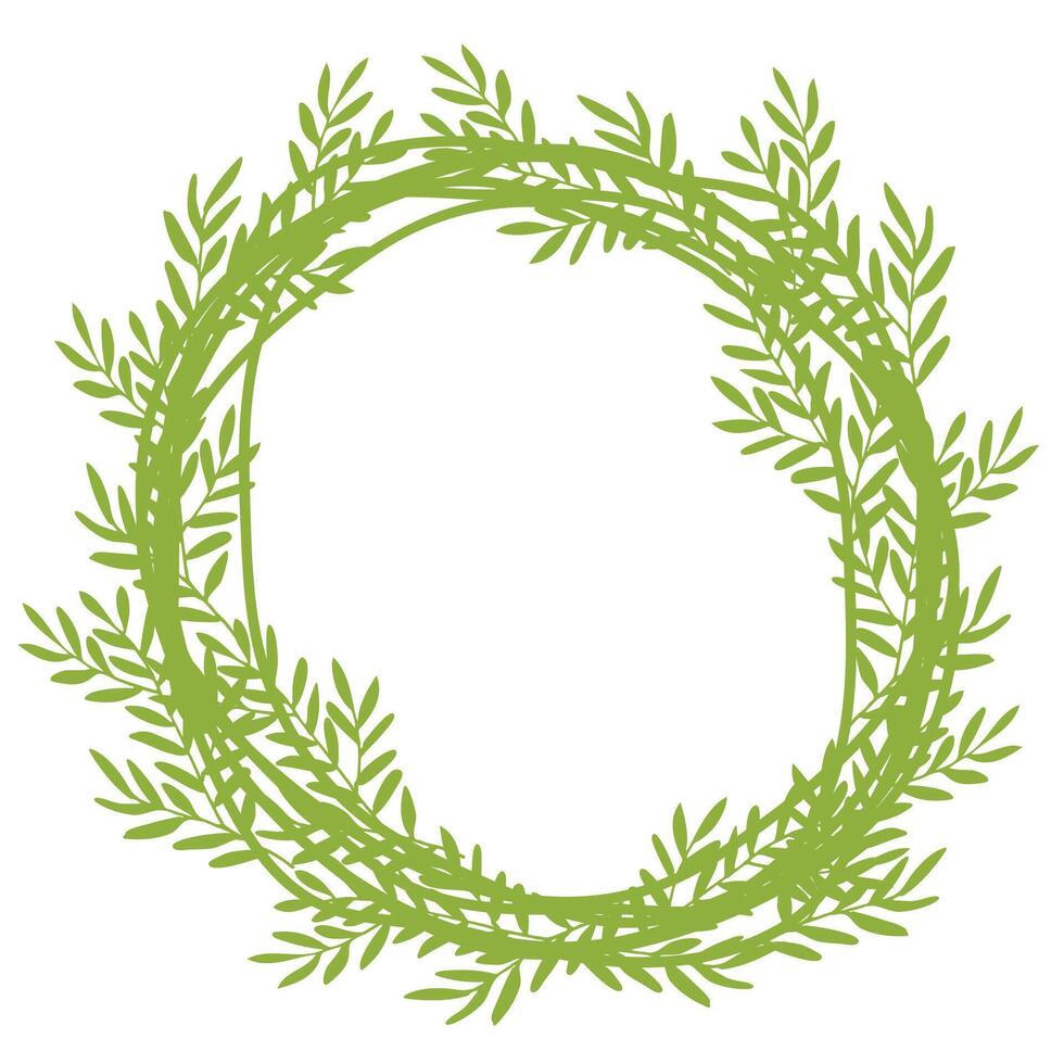 lush green botanical wreath made of intertwined leafy branches. Ideal for invitations, greeting cards, wedding decor, branding, packaging, and seasonal designs. vector