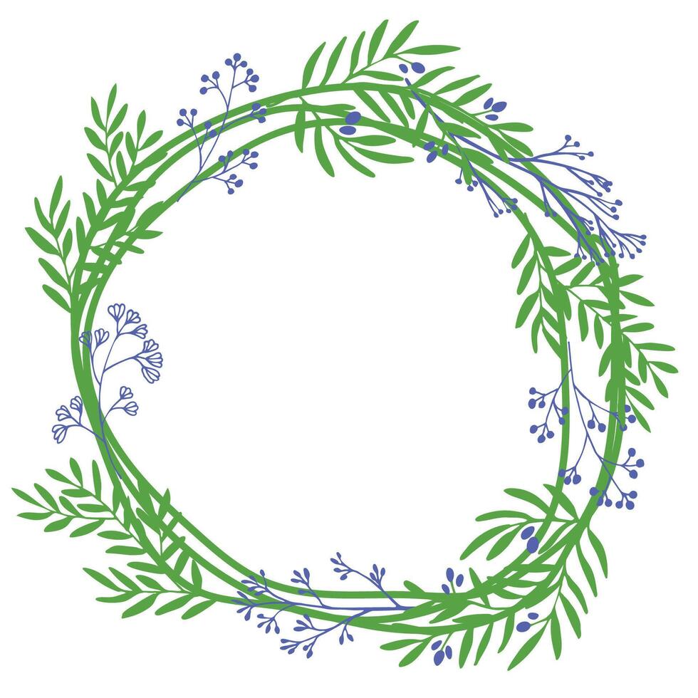 botanical wreath with green leaves and delicate blue flowers, forming a natural circular frame. Perfect for invitations, greeting cards, branding, and decor. vector