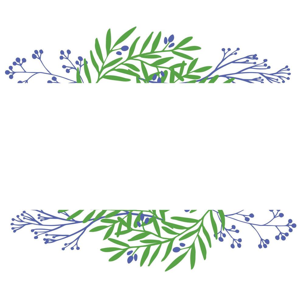 floral frame with green leaves and purple berries, perfect for invitations, greeting cards, wedding stationery, nature-themed designs, and branding. vector