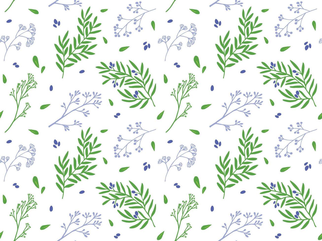 seamless botanical pattern with delicate green leaves, blue flowers, and tiny berries on a white background. Perfect for fabric, wallpaper, stationery, and packaging. vector