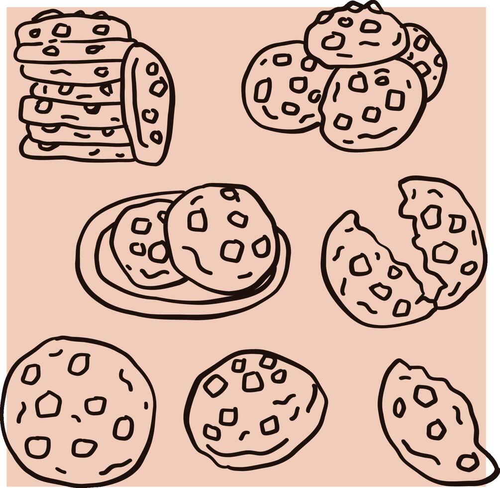 doodle style chocolate chip cookie line art vector