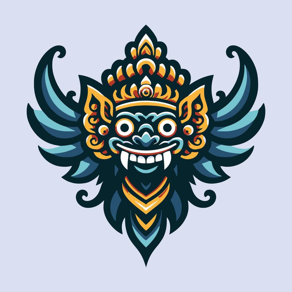 Traditional Balinese Barong Mask Illustration Logo Mystical Cultural Art Design with Intricate Details, Perfect for Indonesia-Themed Branding, Tattoo Designs, Tourism, and Mythological Concepts vector