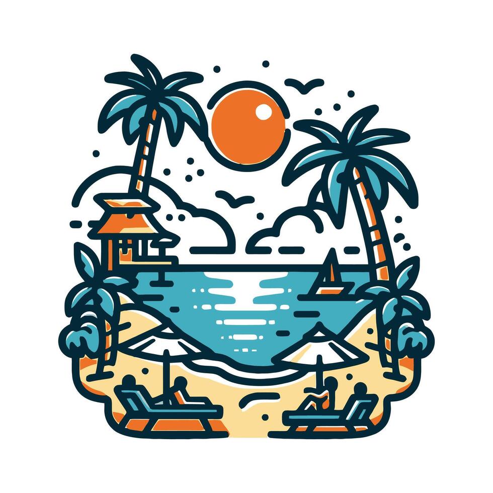 Tropical Beach Island Illustration Logo with Palm Trees, Ocean, Sunset, and Hut for Summer Vacation and Travel Branding Design vector
