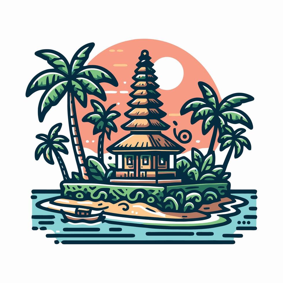 Stunning Bali Island Landscape Illustration Featuring Tropical Beach and Sunset vector