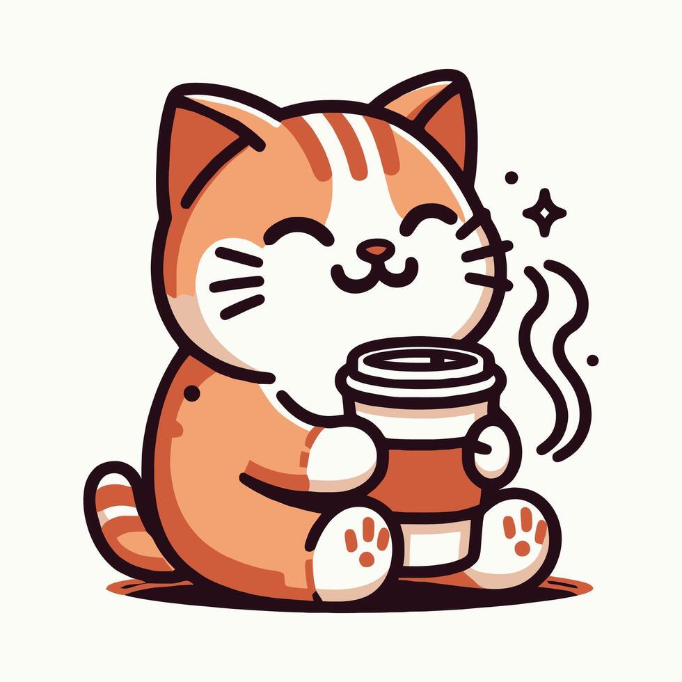 Cute Cozy Coffee Cat Mascot Illustration with Warm Cup and Smiling Face for Cafe, Coffee Shop, and Relaxation Branding vector