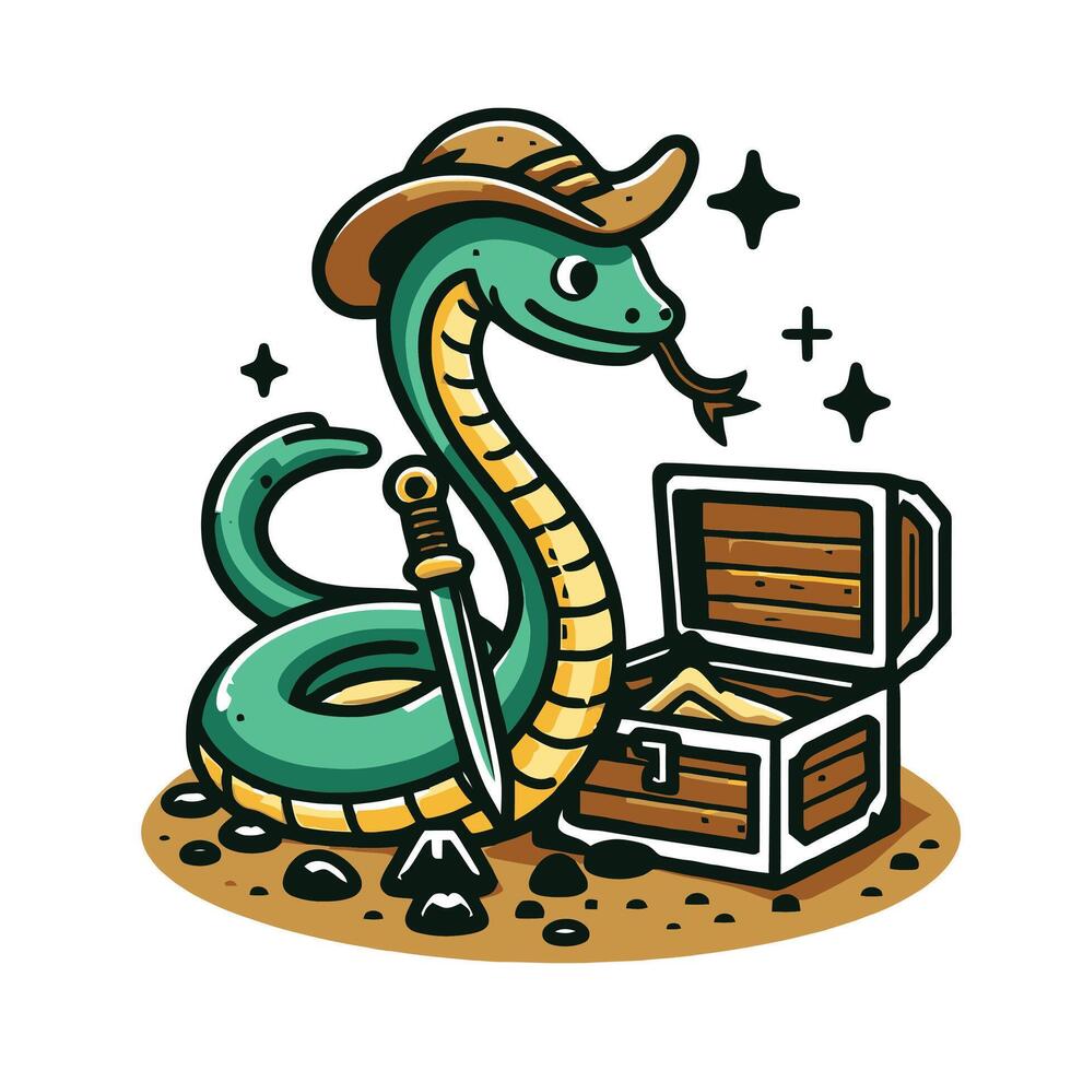 Mysterious Treasure Guard Snake Mascot Illustration with Gold Coins and Treasure Chest for Fantasy, Adventure, and Mythical Creature Branding vector