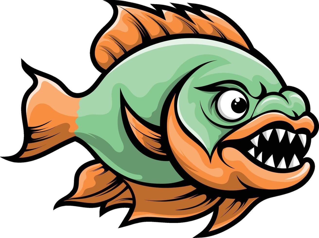 Angry Cartoon Piranha Fish Mascot Green Body, Orange Fins, Sharp Teeth and Fierce Expression Bold and Ferocious Art Style Aquatic Predator Character for Logo, Gaming and Design vector