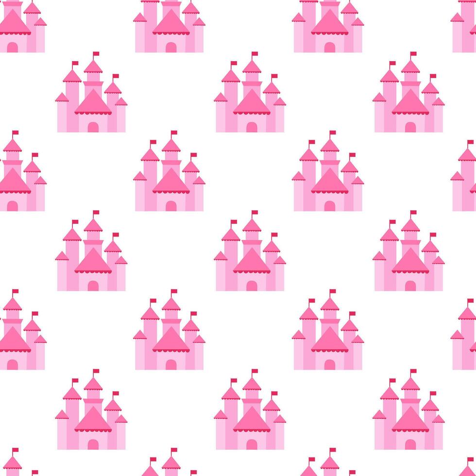 Pink Princess Castle Seamless Pattern. flat illustration. vector