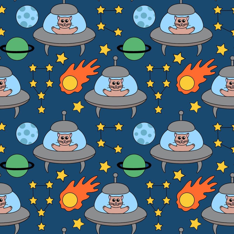 Space Seamless Pattern with funny cat in UFO spaceship, Planets and Stars, Constellation. Background for Kids Design. Flat Illustration. vector