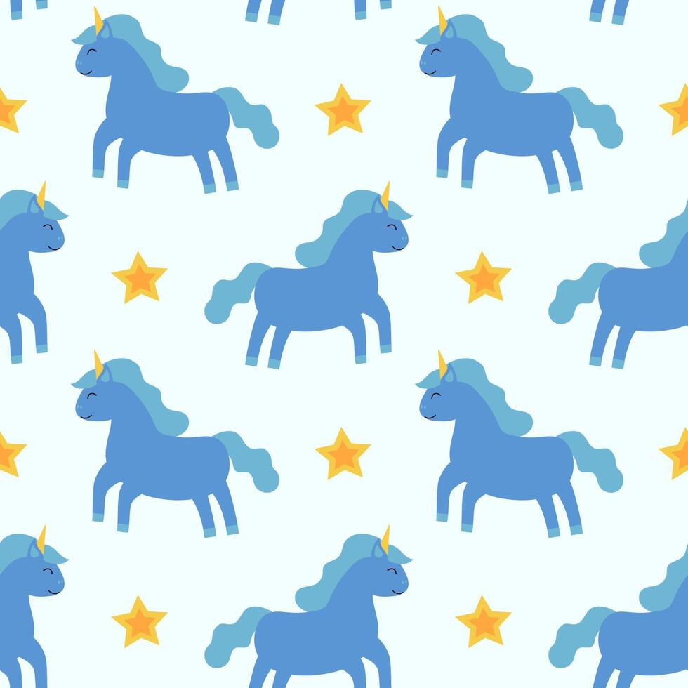 Seamless Pattern, Blue Unicorn with stars. Children Flat Illustration. vector