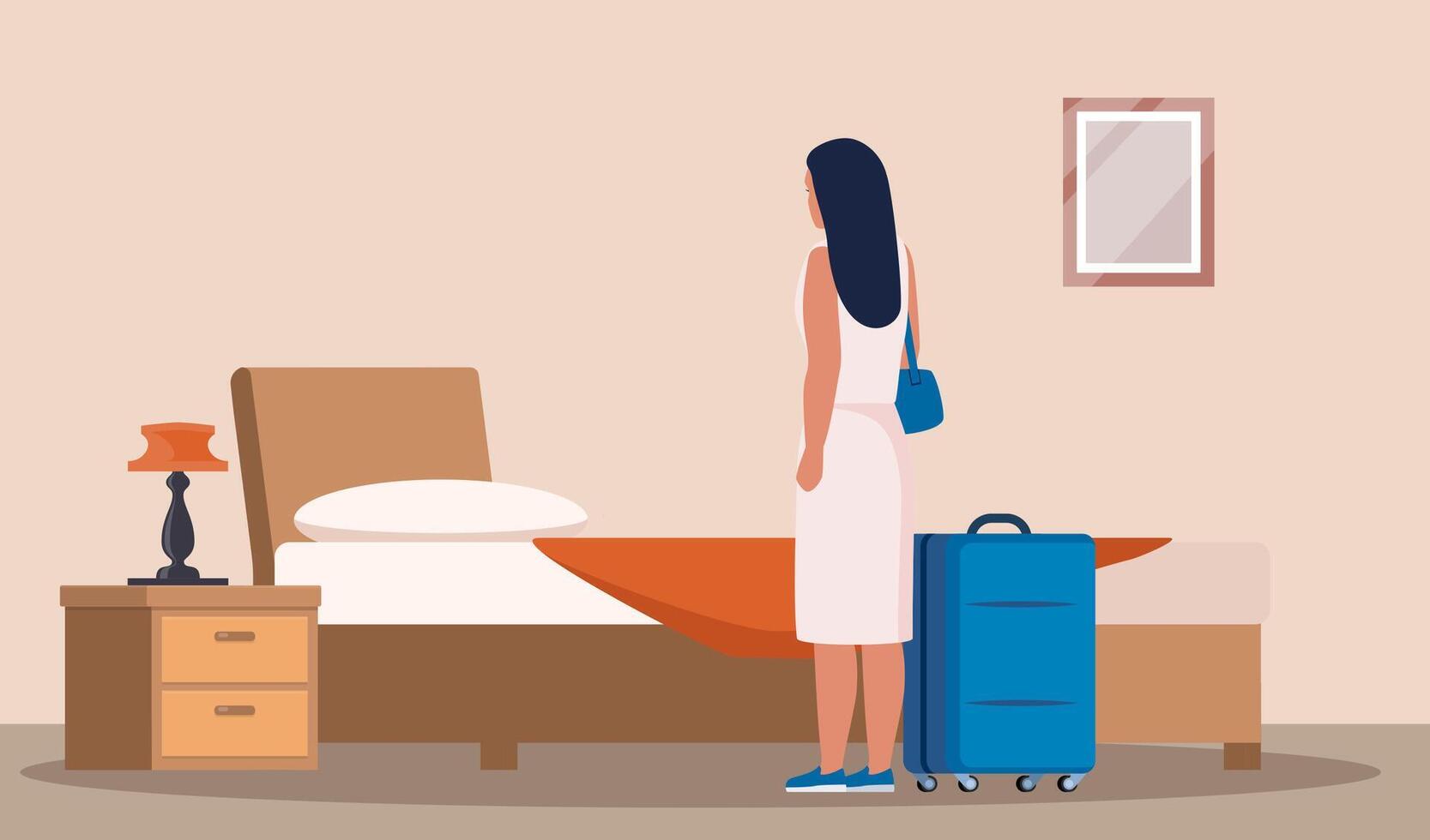 Woman with suitcases standing in hotel room apartment. Bedroom interior with bed, bedding and bedside lamp. Hotel guest moves into the room. vector
