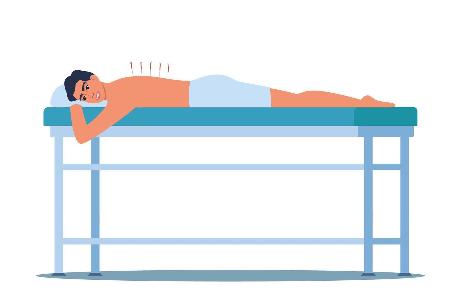 Man Applying Acupuncture Therapy in Spa Salon. Chinese needle alternative medicine and treatment. Illustration. vector