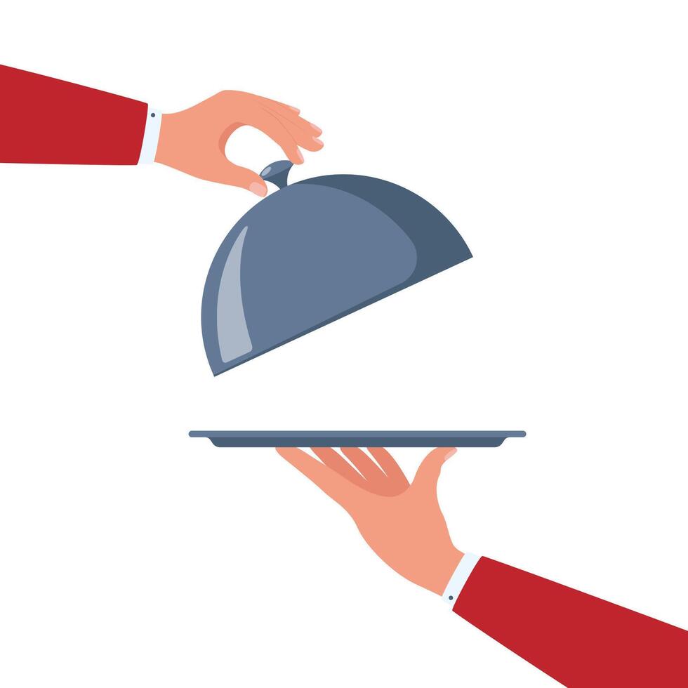 Open tray cloche in hand. Restaurant plate in waiter hand. Food serving tray for cafe. illustration. vector