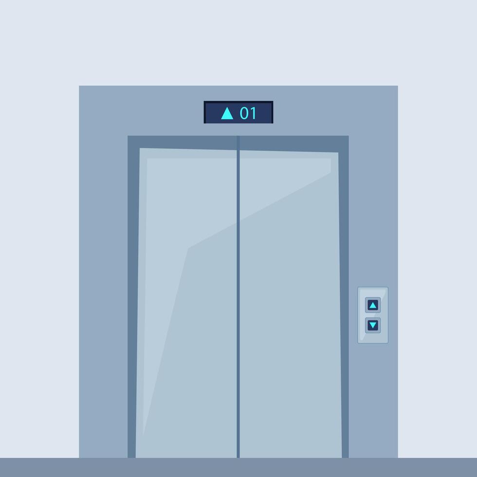 Elevator doors, close lift cabin entrance with chrome metal buttons panel, empty building white hallway interior, office vestibule, hotel or dwelling lobby. Illustration vector