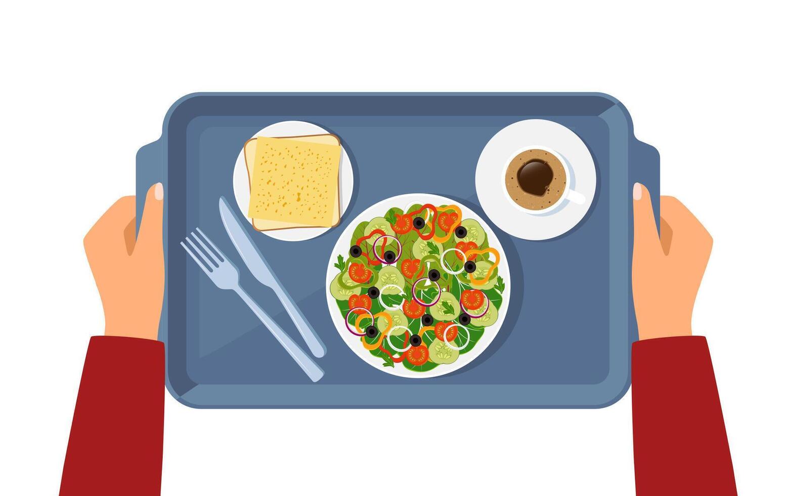 Human hands hold meal tray with food for lunch, top view. Knife and fork. vector
