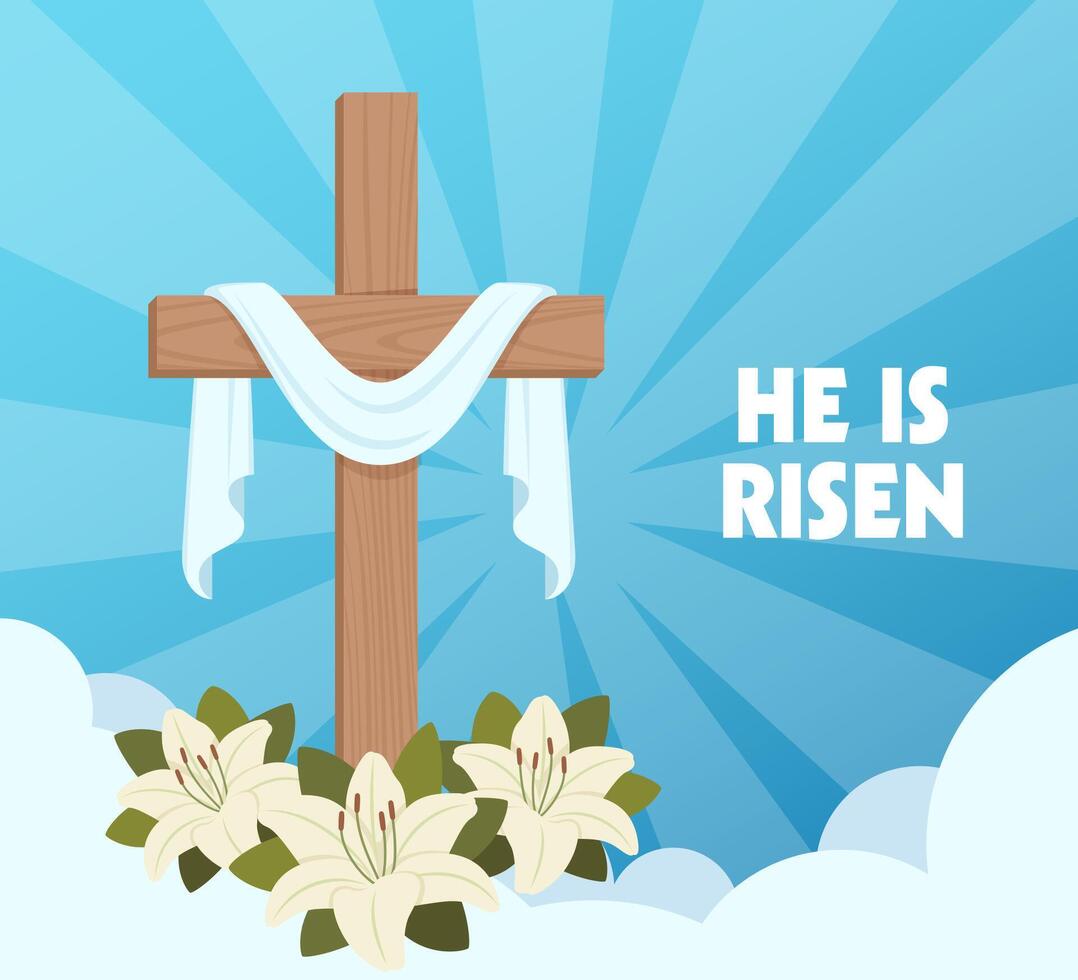 Cross of Jesus Christ, lily flowers against the background of the mountain. Happy Easter. Christian card. He has risen. vector