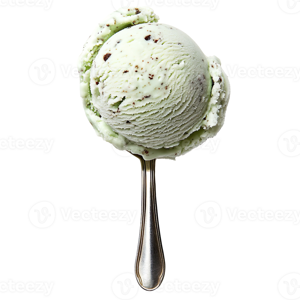 Scoop of mint ice cream with spoon isolated on transparent background png