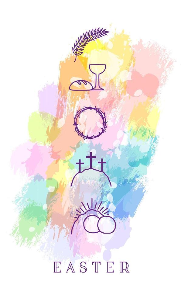 Easter artistic banner design with watercolors style paint and holiday icons. vector