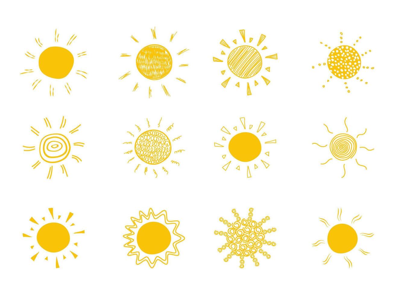 Collection of sun icons. A set of abstract sun icons in a hand-drawn style. Collection of sun signs. Set of sun icons. vector