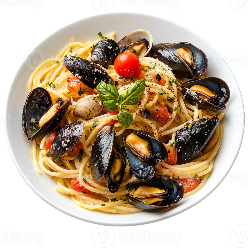 Seafood pasta with clams and mussels isolated on transparent background png