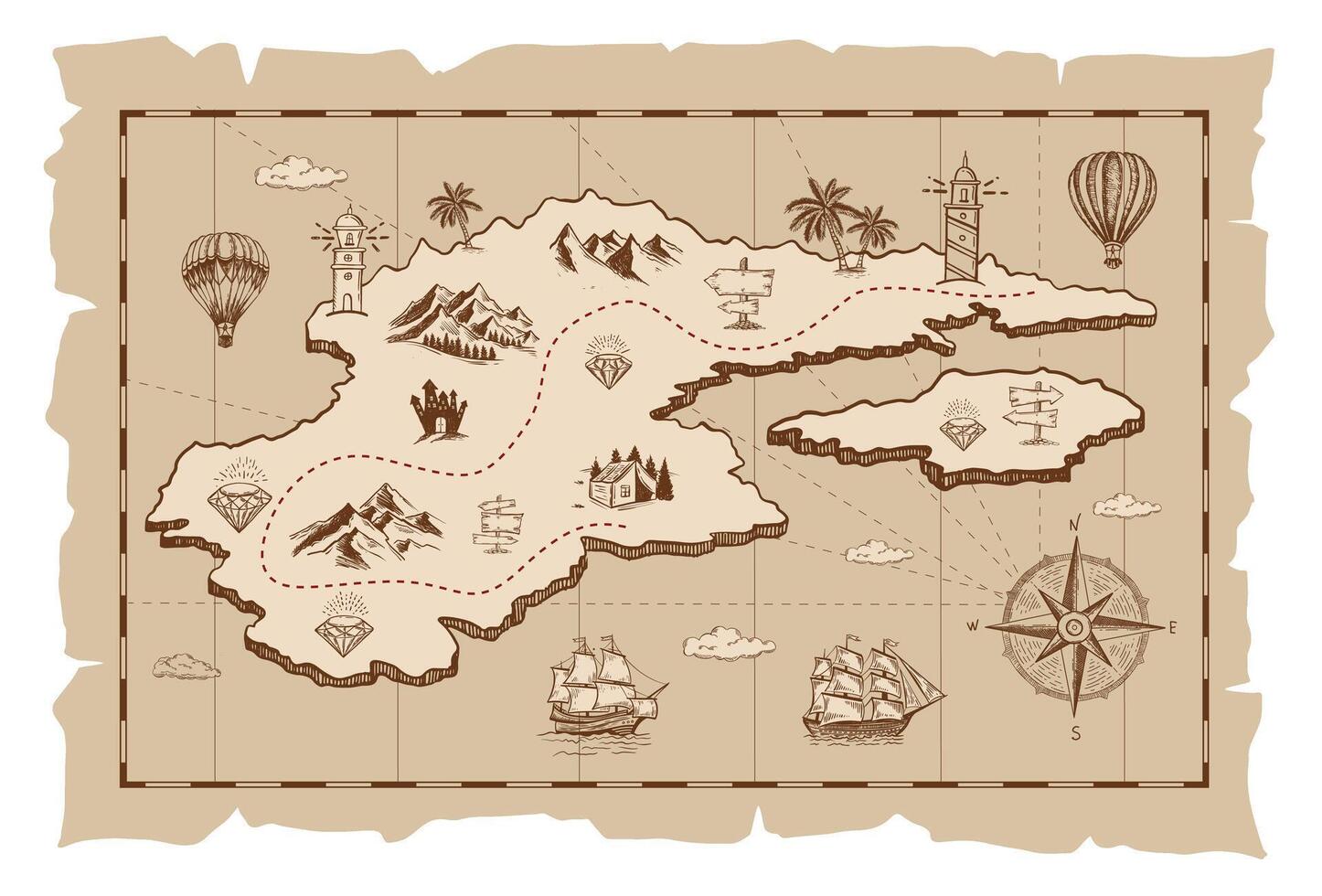 Vintage treasure map illustration with a compass, ships, and an island vector