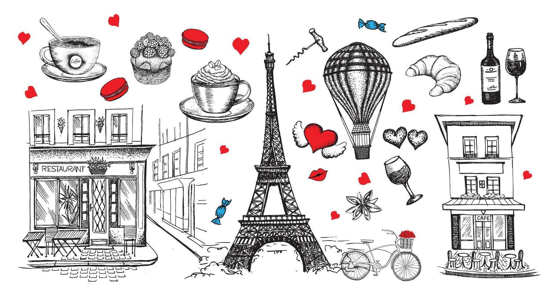 Set of hand drawn French icons Paris sketch illustration on white vector