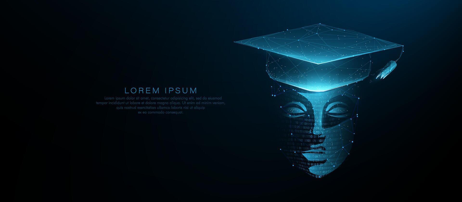 Futuristic AI Face Wearing Graduation Cap. Digital Education Concept vector