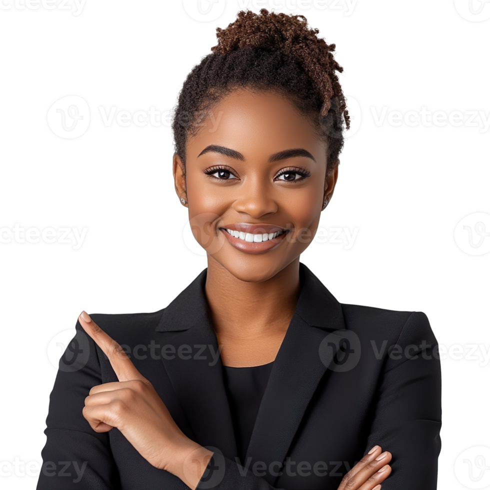 Smiling black businesswoman fingers pointing to the side isolated on transparent background png