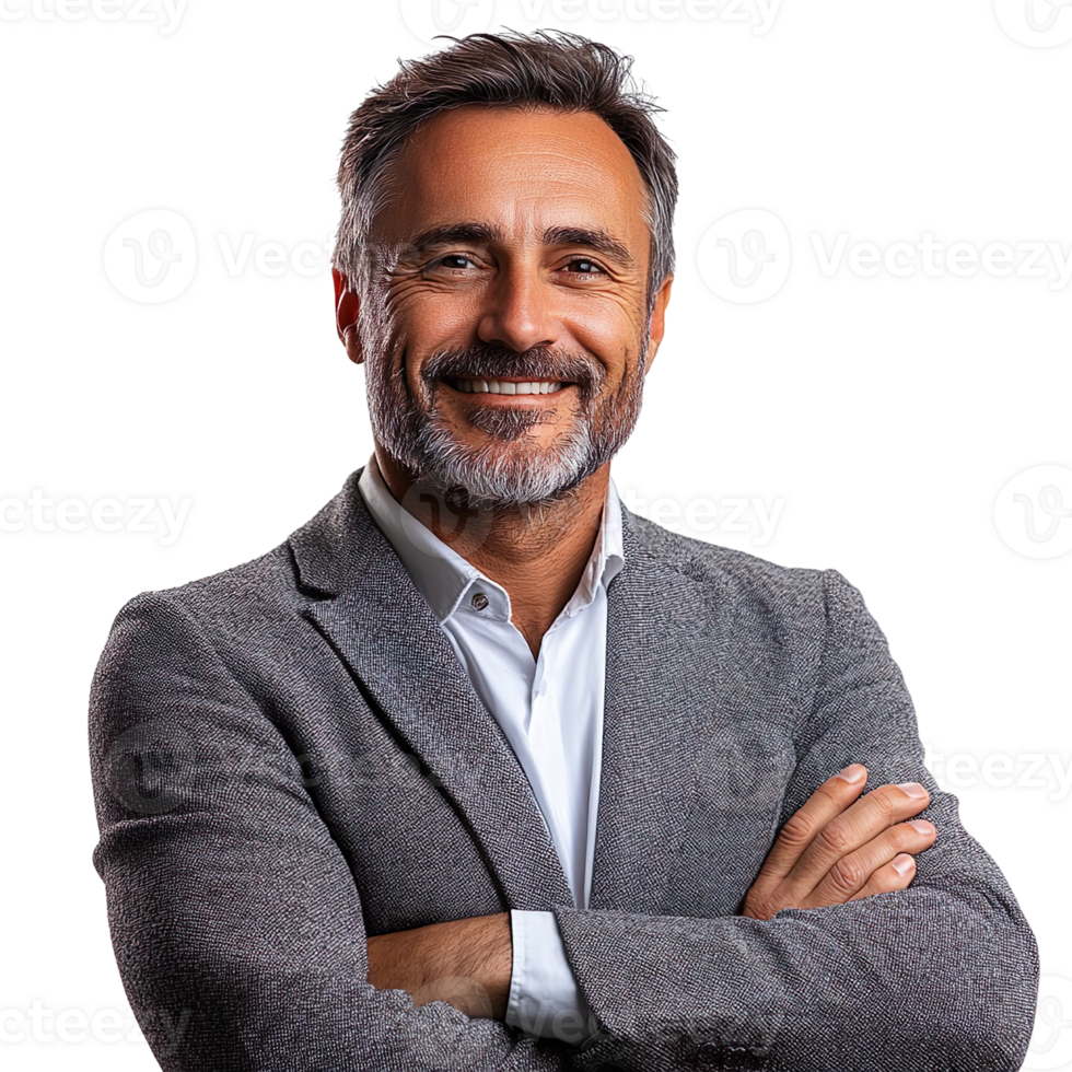 Smiling business man with crossed arms isolated on transparent background png