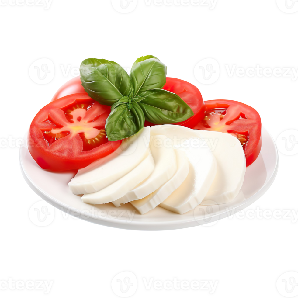 Slices of mozzarella on a plate with tomatoes and basil isolated on transparent background png