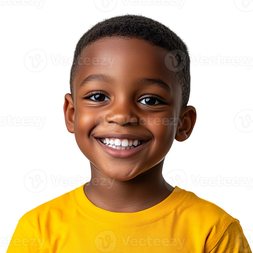 Smiling African American boy in yellow shirt, expressing happiness and joy isolated on a transparent background png