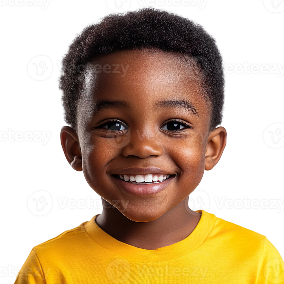 Smiling African American boy in yellow shirt, expressing happiness and joy isolated on transparent background png