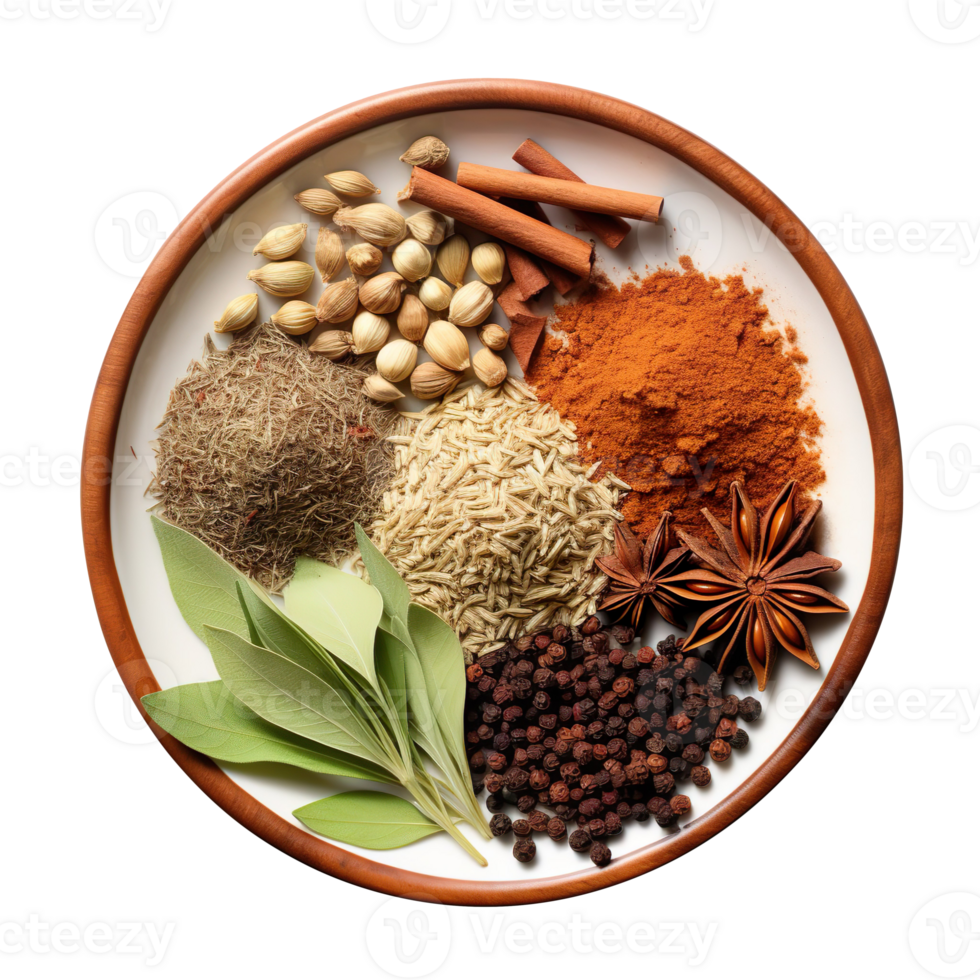 Spicy and soft Indian herbs on a plate top view isolated on transparent background png