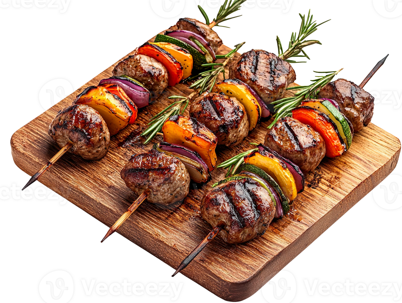 Shish kebab with vegetables on wooden cutting board isolated on transparent background png