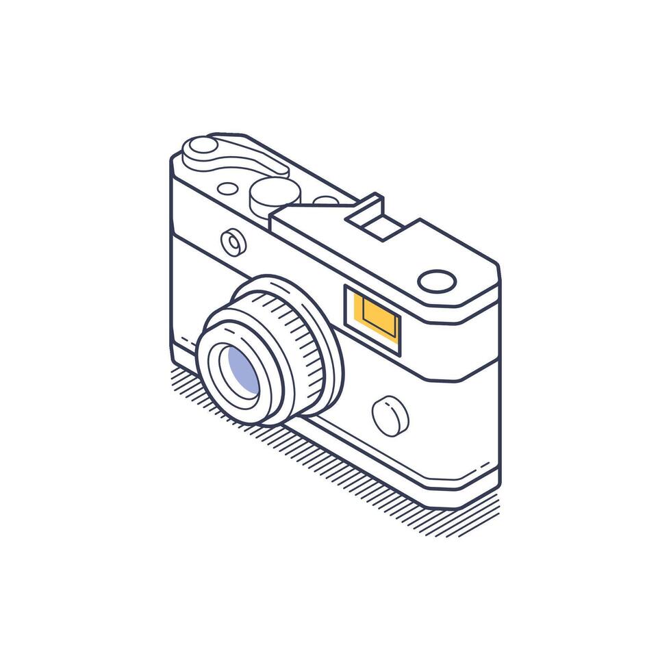 Isometric line icon showcasing a retro camera design with detailed features and outlines vector