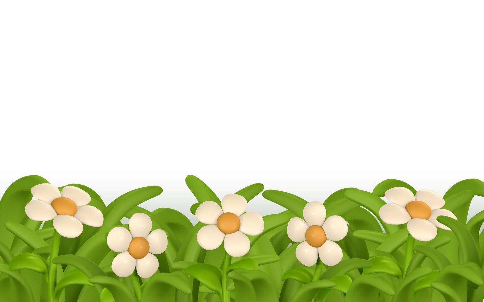 3d green grass border, colorful daisy flower. Chamomile vector