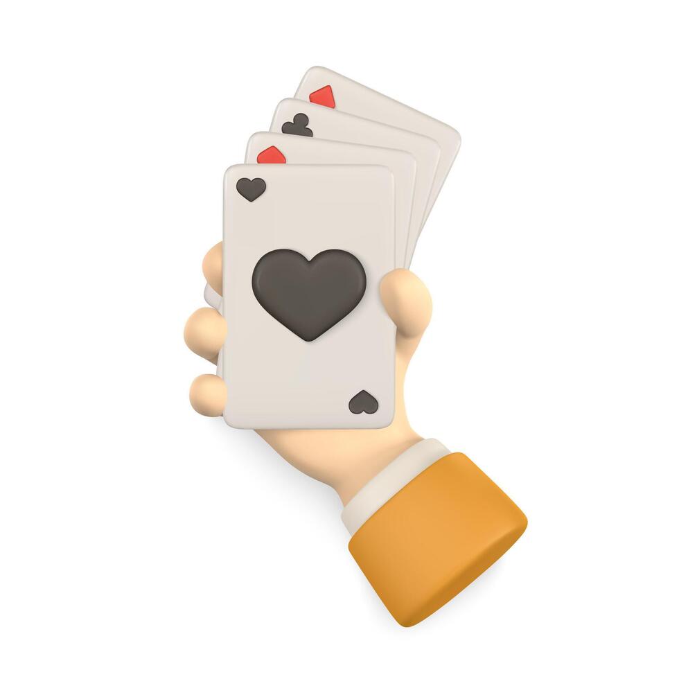Realistic 3d casino game concept Cartoon hand holding playing cards. Casino. vector