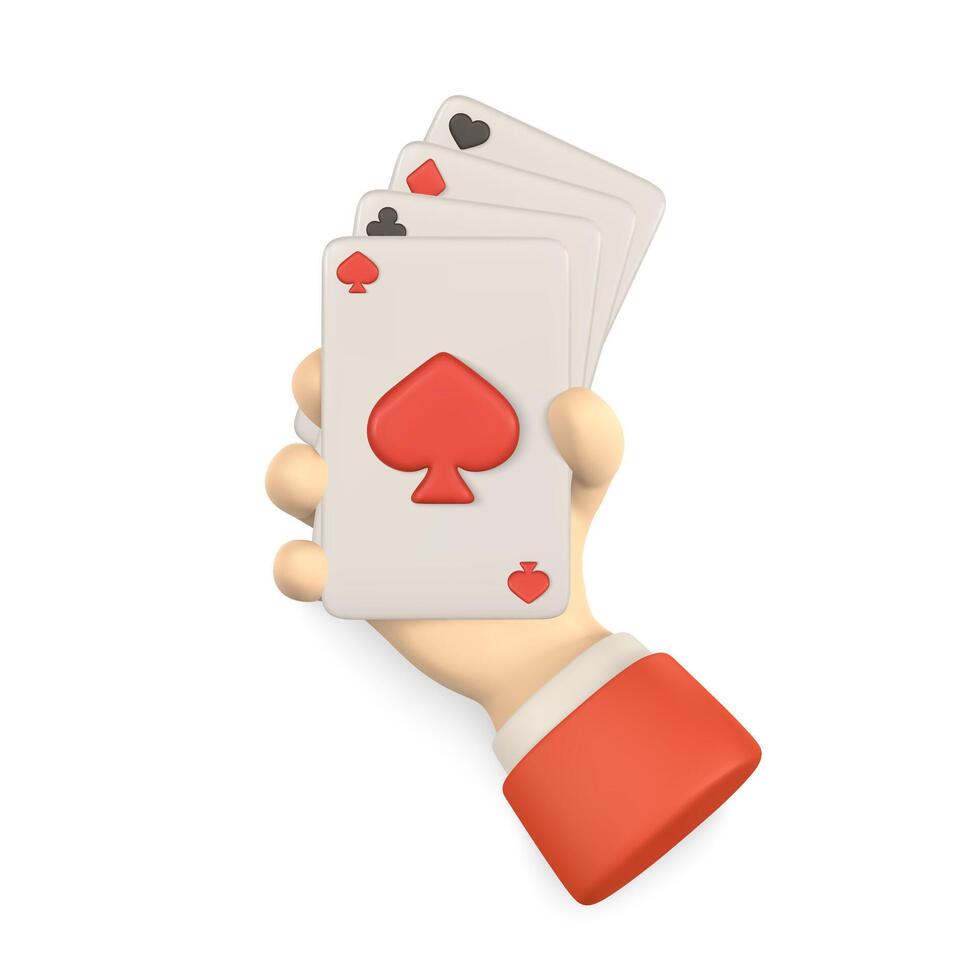 Realistic 3d casino game concept Cartoon hand holding playing cards. vector