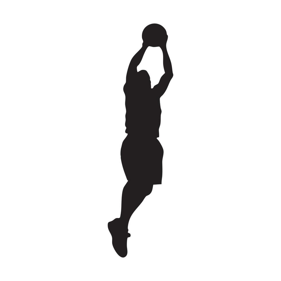 Silhouette of Basketball Player in Mid-Air Jump Holding Ball High Dynamic Pose Athletic Figure High Contrast Minimalist Sports Illustration vector