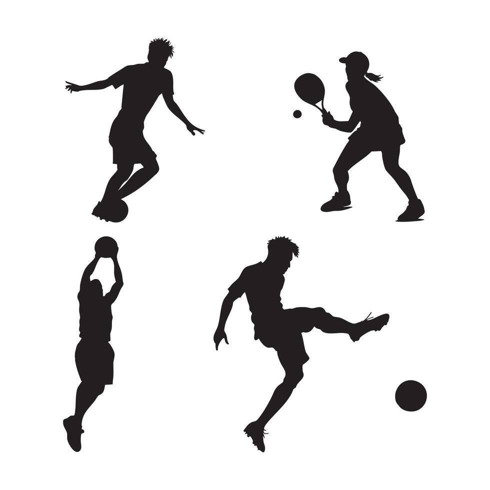 Silhouettes of Soccer Players in Dynamic Poses Kicking Ball Jumping Running Athletic Movement High Contrast Minimalist Sports Illustration vector