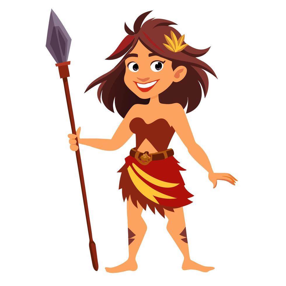 Primitive cave woman with spear. Prehistoric woman character. Illustration on white background vector