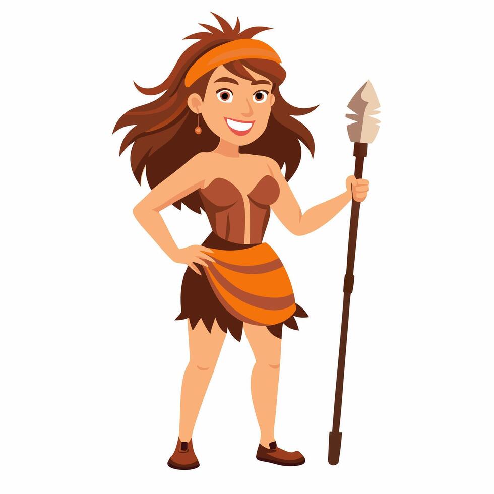 Cartoon primitive cave woman with spear. Prehistoric neanderthal woman character. Colorful illustration on white background vector