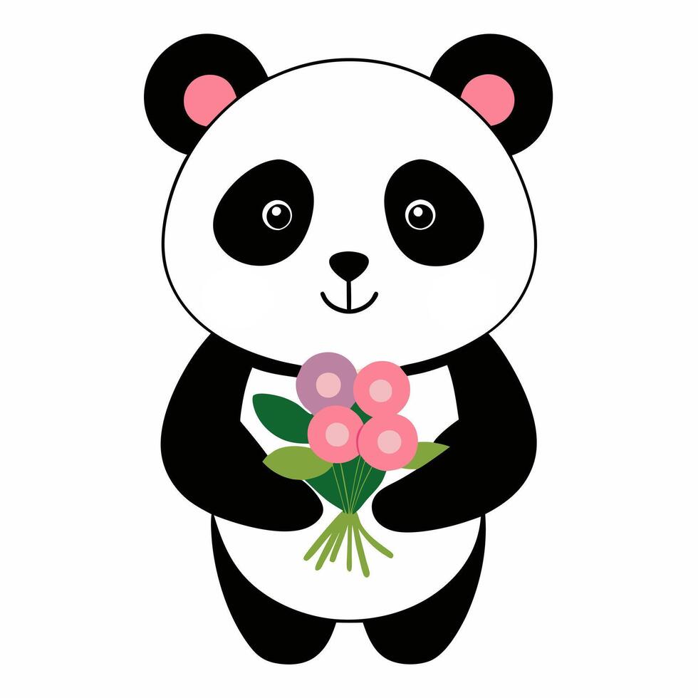 Cartoon cute panda with a bouquet of flowers. Illustration on a white backgraund vector