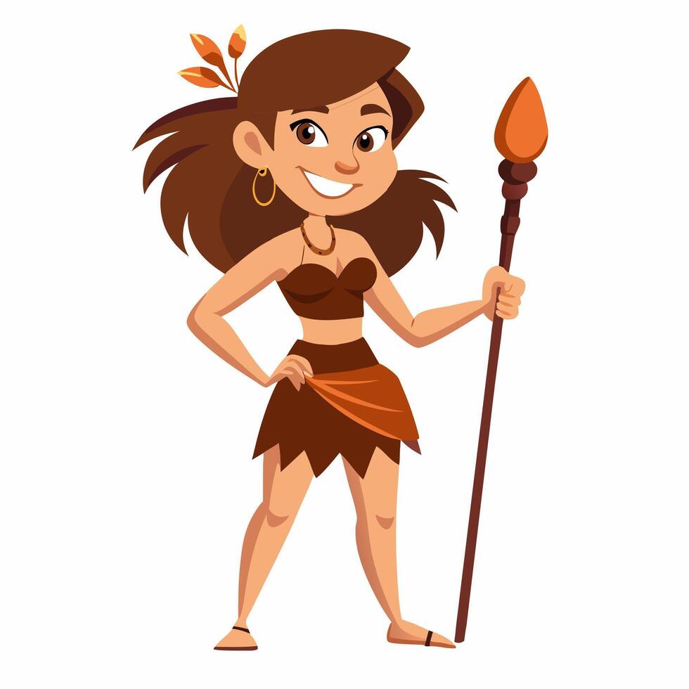 Cute primitive cave woman with spear. Neanderthal woman character. Colorful illustration on white background vector