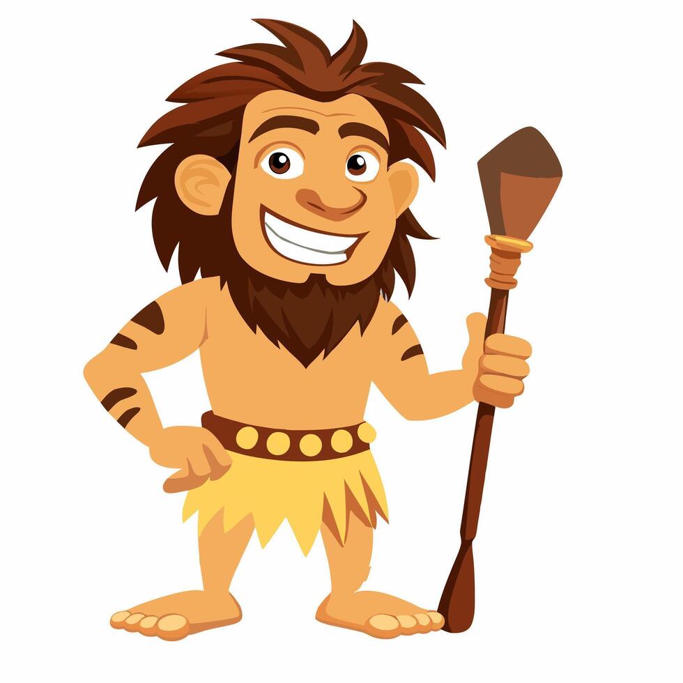 Primitive cave man with spear. Prehistoric neanderthal character. Colorful illustration on white background vector