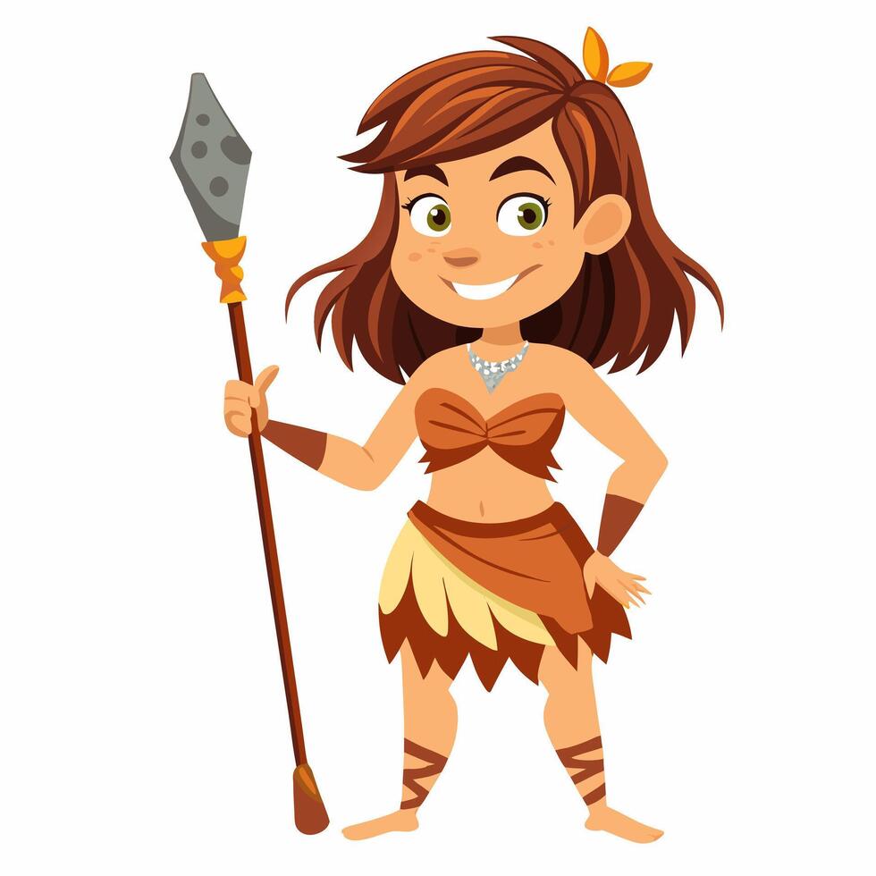 Cartoon primitive cave girl with spear. Prehistoric neanderthal woman character. Colorful illustration on white background vector