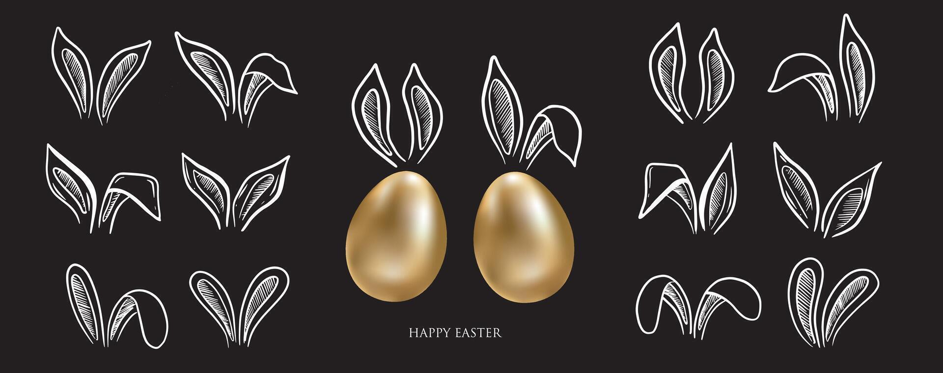 Rabbits's ears set with gold eggs on black, Happy Easter, Hand drawn illustration vector